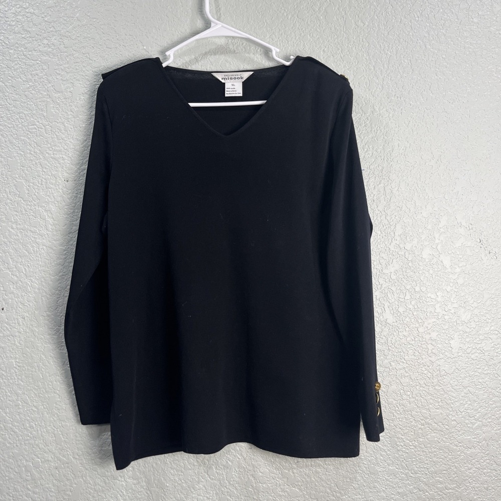 Misook Womens Knit V Neck Pullover Top Sz XL Black Button Structured Shoulder‎